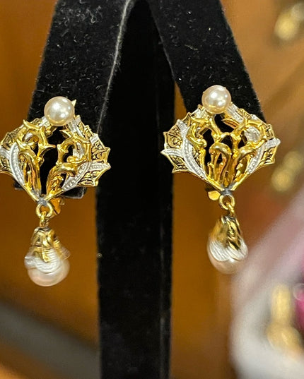 Vintage gold plated Spain clip on Damascene pearl earrings