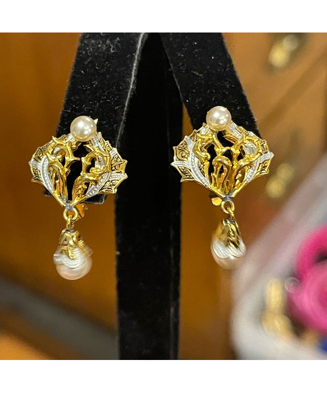 Vintage gold plated Spain clip on Damascene pearl earrings