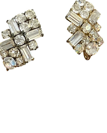 Vintage 1950s Gold finish SHERMAN Clear crystal fancy clip on earrings