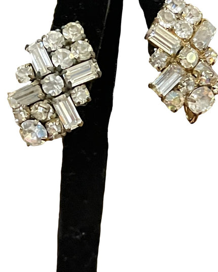 Vintage 1950s Gold finish SHERMAN Clear crystal fancy clip on earrings