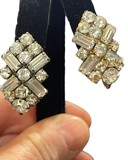 Vintage 1950s Gold finish SHERMAN Clear crystal fancy clip on earrings