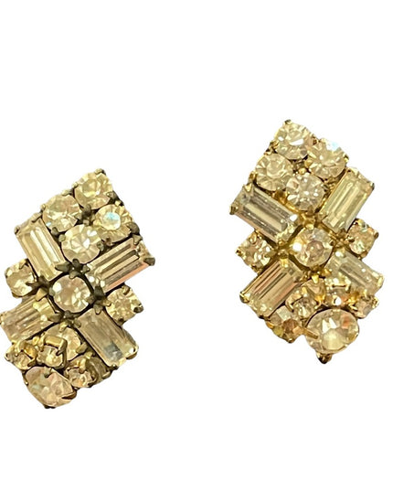 Vintage 1950s Gold finish SHERMAN Clear crystal fancy clip on earrings