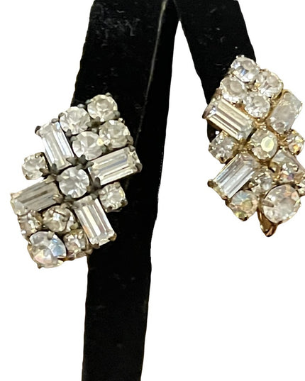 Vintage 1950s Gold finish SHERMAN Clear crystal fancy clip on earrings