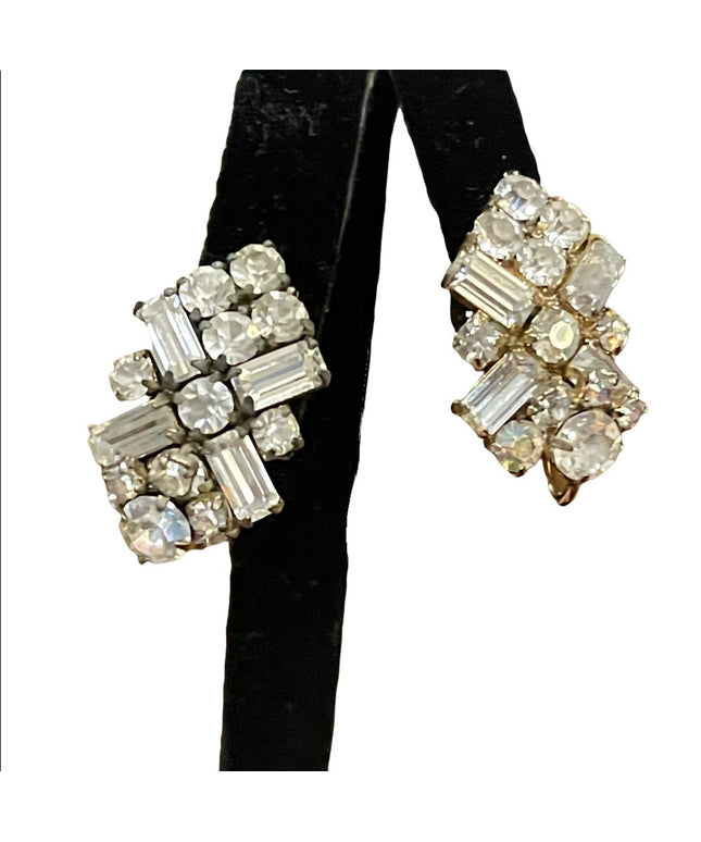 Vintage 1950s Gold finish SHERMAN Clear crystal fancy clip on earrings