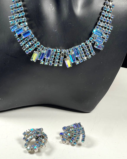 Vintage 1950s Stunning blue AB crystal earrings & necklace set choker fancy