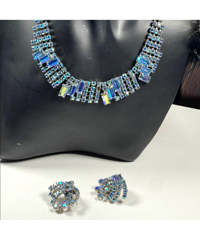 Vintage 1950s Stunning blue AB crystal earrings & necklace set choker fancy