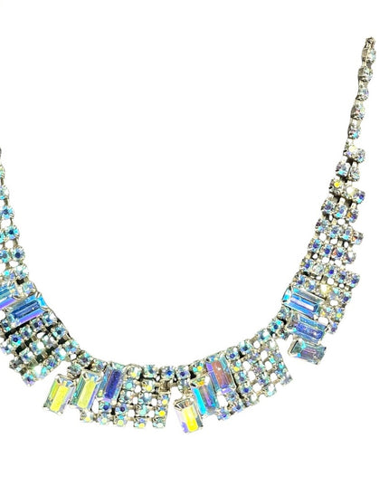 Vintage 1950s Stunning blue AB crystal earrings & necklace set choker fancy
