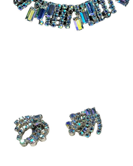 Vintage 1950s Stunning blue AB crystal earrings & necklace set choker fancy