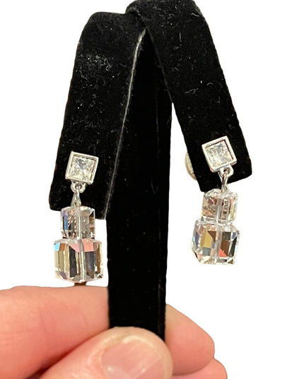 Stunning cubed Swarovski authentic silver finish dangle earrings clip on