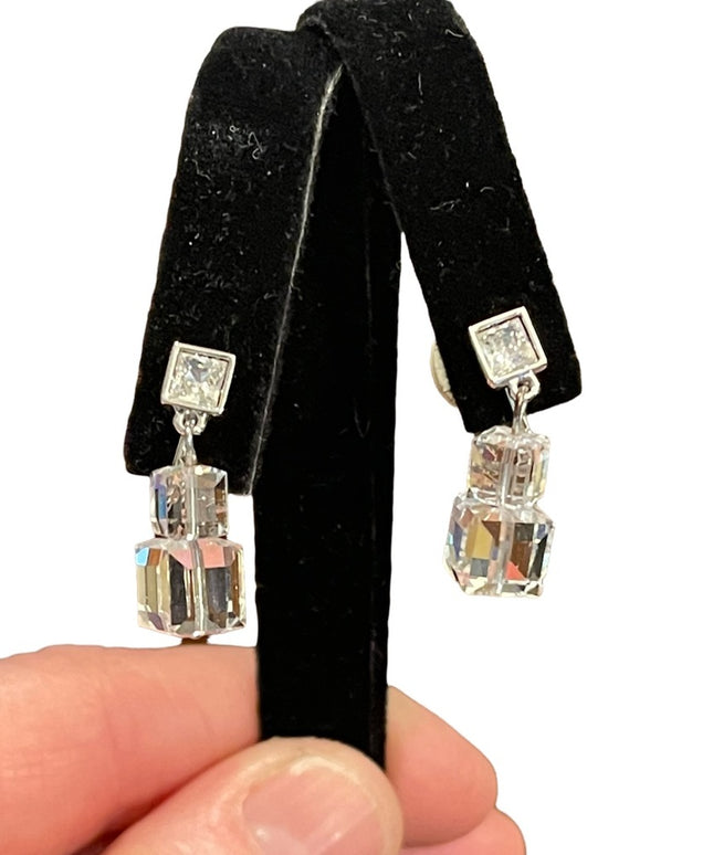 Stunning cubed Swarovski authentic silver finish dangle earrings clip on