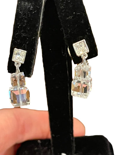 Stunning cubed Swarovski authentic silver finish dangle earrings clip on