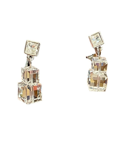 Stunning cubed Swarovski authentic silver finish dangle earrings clip on