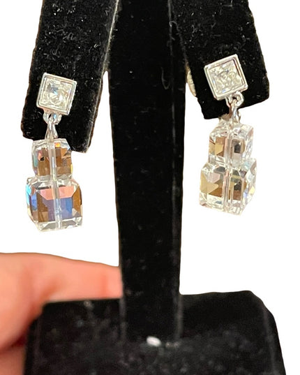 Stunning cubed Swarovski authentic silver finish dangle earrings clip on
