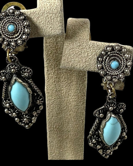 Antique Egyptian Revival 900 Silver dangle turquois clip on earrings