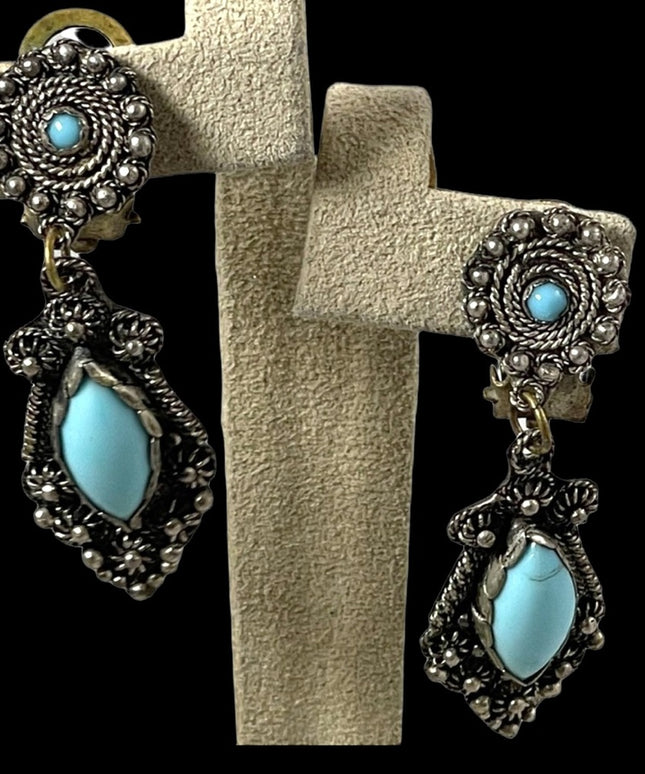 Antique Egyptian Revival 900 Silver dangle turquois clip on earrings
