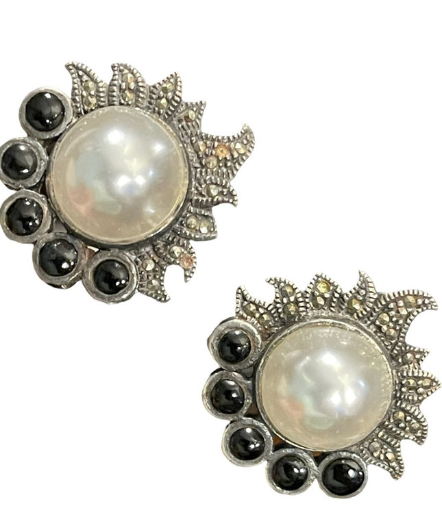 Vintage Sterling silver 925 Black onyx pearl marcasite earrings
