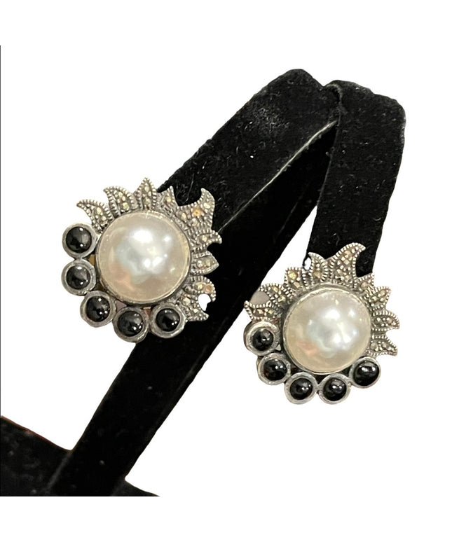 Vintage Sterling silver 925 Black onyx pearl marcasite earrings