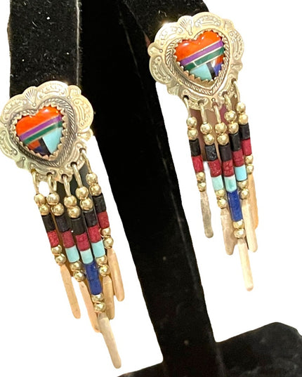 Vintage Sterling silver 925  Zuni South Western sees Bead  dangle earrings