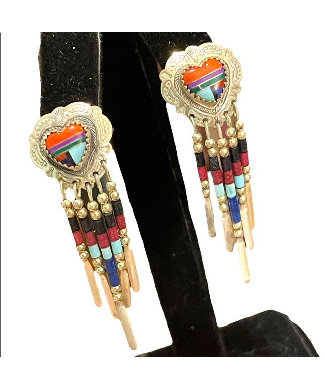 Vintage Sterling silver 925  Zuni South Western sees Bead  dangle earrings
