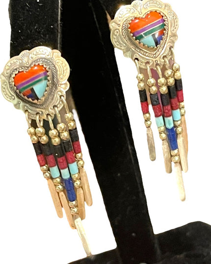 Vintage Sterling silver 925  Zuni South Western sees Bead  dangle earrings
