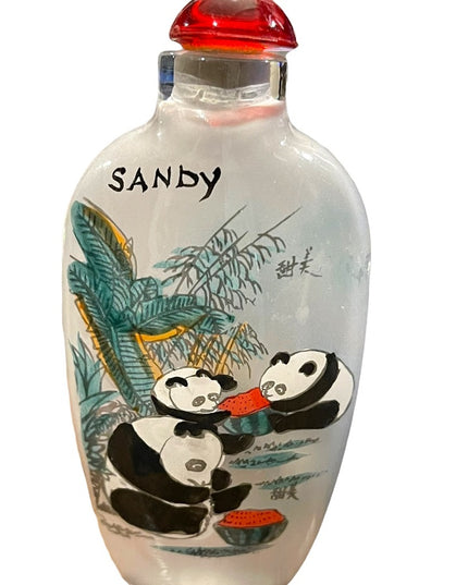 Vintage chinese snuff jar “Sandy” perfume bottle glass hand painted panda bears