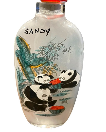 Vintage chinese snuff jar “Sandy” perfume bottle glass hand painted panda bears