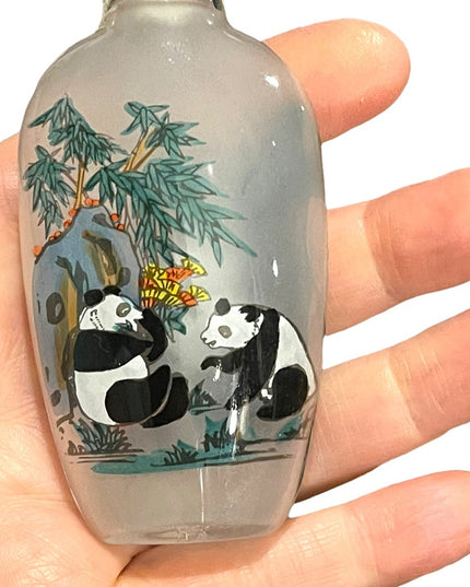 Vintage chinese snuff jar “Sandy” perfume bottle glass hand painted panda bears