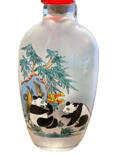 Vintage chinese snuff jar “Sandy” perfume bottle glass hand painted panda bears