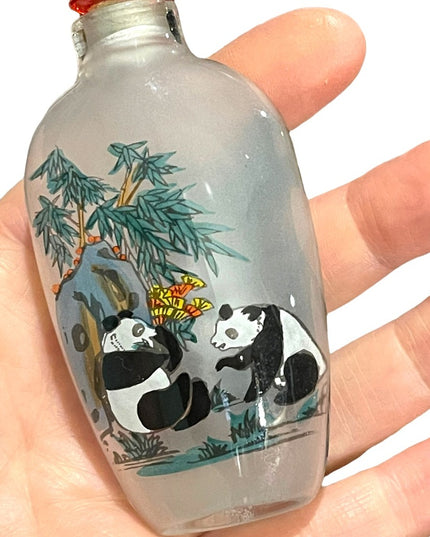 Vintage chinese snuff jar “Sandy” perfume bottle glass hand painted panda bears