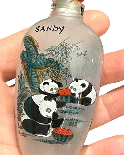 Vintage chinese snuff jar “Sandy” perfume bottle glass hand painted panda bears