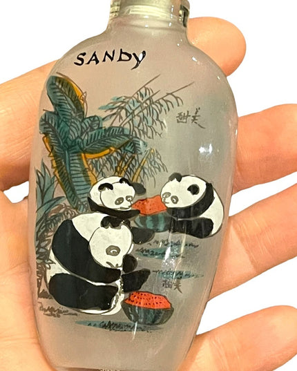 Vintage chinese snuff jar “Sandy” perfume bottle glass hand painted panda bears