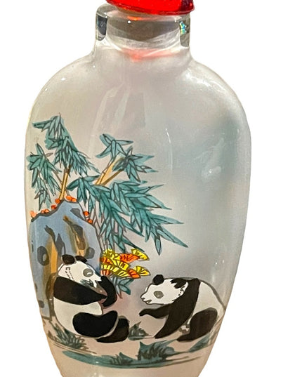 Vintage chinese snuff jar “Sandy” perfume bottle glass hand painted panda bears