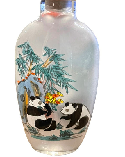 Vintage chinese snuff jar “Sandy” perfume bottle glass hand painted panda bears