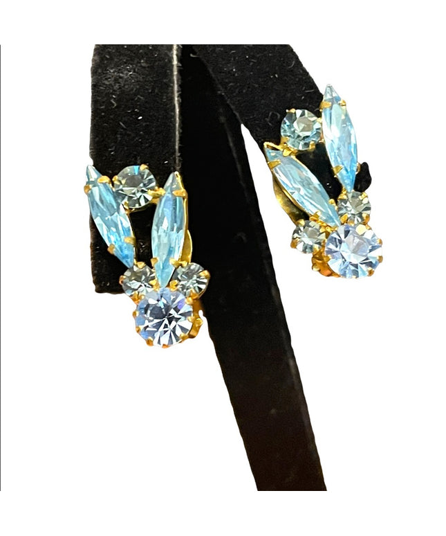Vintage Austria gold finish Blue fancy leaf Crystal clip on earrings