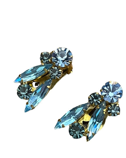 Vintage Austria gold finish Blue fancy leaf Crystal clip on earrings