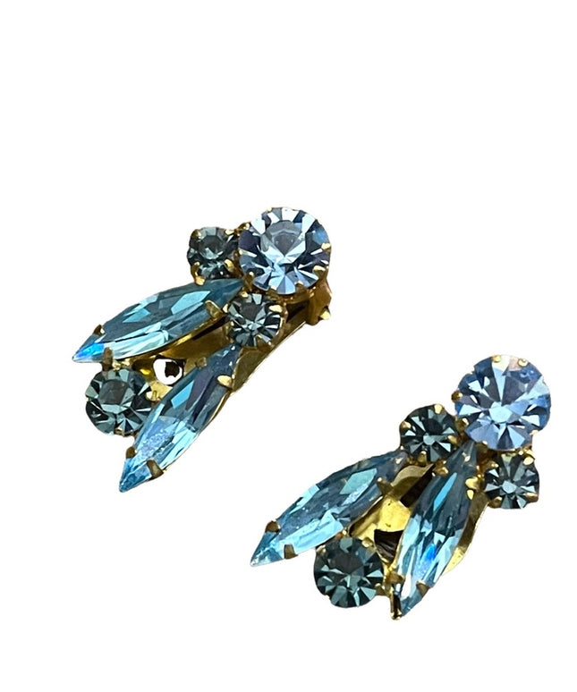 Vintage Austria gold finish Blue fancy leaf Crystal clip on earrings