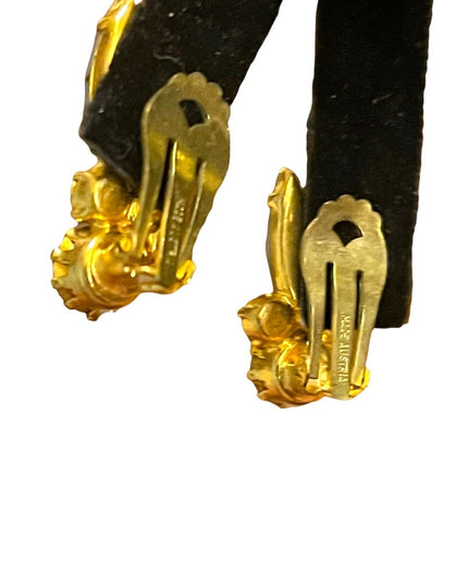 Vintage Austria gold finish Blue fancy leaf Crystal clip on earrings
