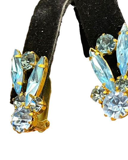Vintage Austria gold finish Blue fancy leaf Crystal clip on earrings