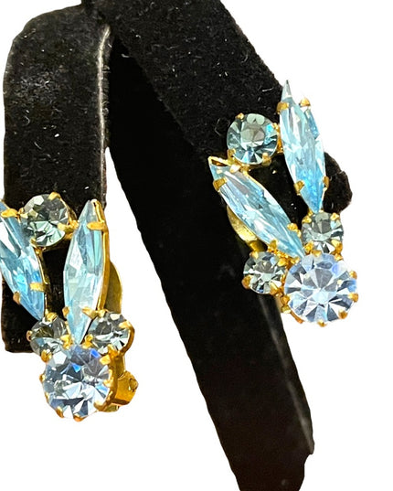 Vintage Austria gold finish Blue fancy leaf Crystal clip on earrings
