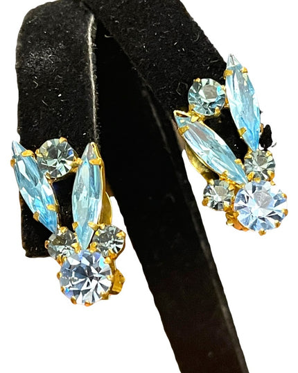 Vintage Austria gold finish Blue fancy leaf Crystal clip on earrings