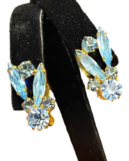 Vintage Austria gold finish Blue fancy leaf Crystal clip on earrings