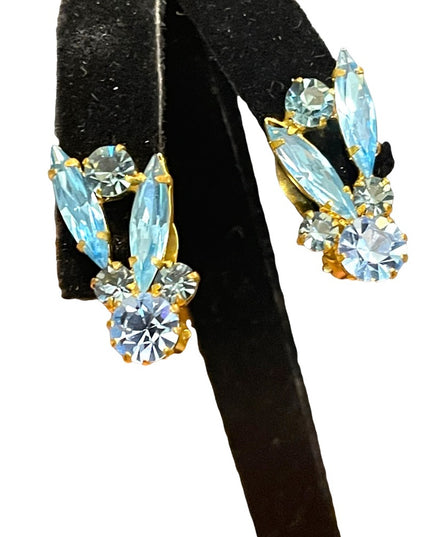 Vintage Austria gold finish Blue fancy leaf Crystal clip on earrings