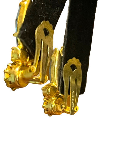 Vintage Austria gold finish Blue fancy leaf Crystal clip on earrings