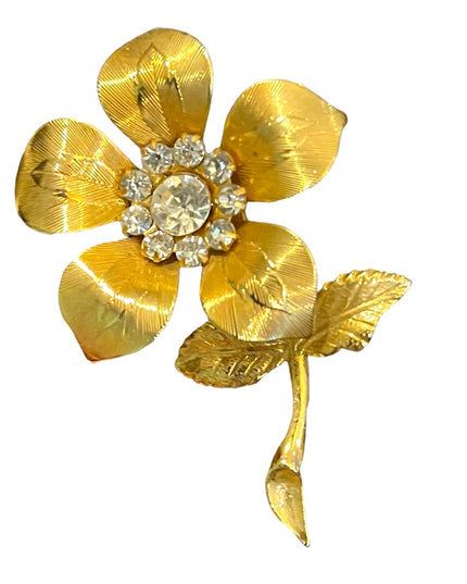 Vintage gold finish crystal rhinestone etched flower metal brooch