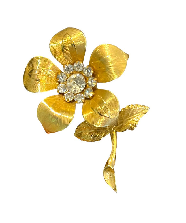 Vintage gold finish crystal rhinestone etched flower metal brooch