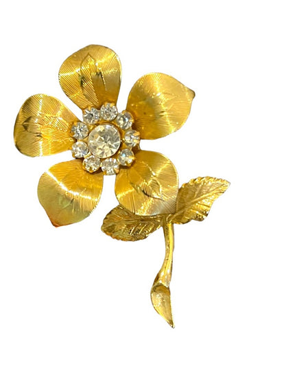 Vintage gold finish crystal rhinestone etched flower metal brooch