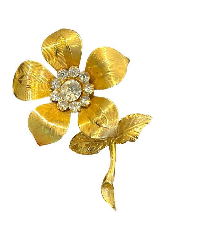 Vintage gold finish crystal rhinestone etched flower metal brooch
