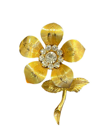 Vintage gold finish crystal rhinestone etched flower metal brooch