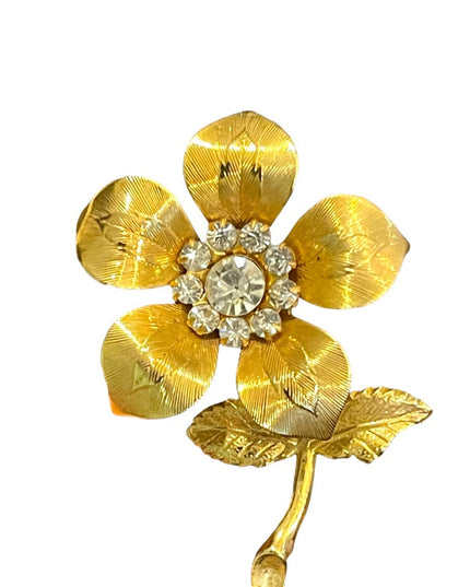 Vintage gold finish crystal rhinestone etched flower metal brooch