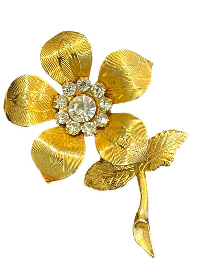 Vintage gold finish crystal rhinestone etched flower metal brooch